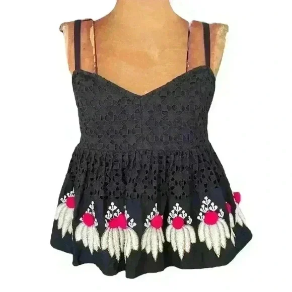 Anthropologie Sz 4 Catrina Cami Top Black Embroidered Boho Festival Western - Picture 2 of 11